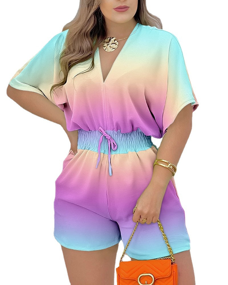 Macacão Feminino de Manga Curta Elegante Sexy V Pescoço